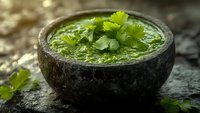 Fresh green chimichurri sauce in rustic stone bowl garnished with cilantro leaves, traditional Argentinian condiment on dark textured background.