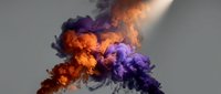 Vibrant orange and purple smoke clouds colliding and mixing in dramatic swirling patterns against neutral background for creative design projects.