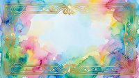 Ornate golden frame with vibrant watercolor splashes in rainbow hues, isolated on white background, ready for design projects, invitations, and creative compositions.