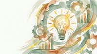 Watercolor business innovation concept with lightbulb, gears and growth charts in earth tones for corporate presentations and marketing materials.