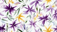 Watercolor floral seamless pattern with purple and yellow flowers scattered on white background. Delicate botanical print for fabric, wallpaper and stationery design.