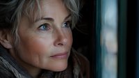 Mature blonde woman gazing thoughtfully through window with soft natural lighting, expressing contemplation and serenity in quiet moment of reflection.