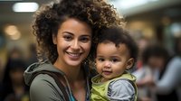Young mixed race mother with curly hair holding adorable baby boy in casual clothing, both smiling at camera. Genuine candid family moment showing joy and connection.
