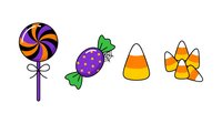 Colorful candy and sweets collection featuring lollipop, wrapped candy, corn candy and bow-shaped treat isolated on white background for design projects.