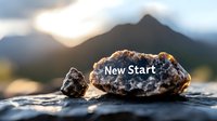 Motivational new start concept with rocks and mountain landscape at golden hour sunrise symbolizing fresh beginnings and personal growth journey.