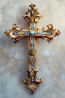 Ornate golden cross with colorful gemstones and baroque decorative elements on textured background for religious and spiritual design projects.