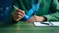 Business professional using digital pen with holographic arrow projection showing growth and innovation in modern technology workspace.
