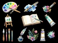 Artist supplies and painting tools collection isolated on transparent background, ready for t-shirt design, clipart, stickers, sublimation and print-on-demand projects.