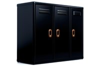 Black metal storage lockers with brass handles isolated on white background. Modern industrial furniture design for workplace, school, or gym organization.