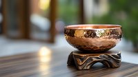 Hammered copper singing bowl on decorative wooden stand against blurred natural background, creating zen atmosphere for meditation and sound healing practices.