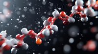 Molecular structure with red and white atoms connected in chain formation against dark background with bokeh effect and particles. Scientific concept.