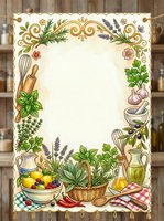 Vintage kitchen frame with herbs, spices, vegetables and cooking tools, decorative border with copy space for recipe card or menu design.