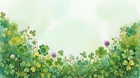 Watercolor shamrock border with green clovers and purple flowers on a light background, perfect for St. Patrick's Day greeting cards and spring designs.