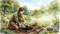 Young woman gardener planting seedlings in organic vegetable garden with natural landscape background. Sustainable farming and eco-friendly agriculture concept.