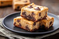 Homemade chocolate chip cookie dough blondie bars stacked on black plate, showing rich texture with melted chocolate chunks and golden brown buttery base.