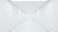 Modern white minimalist corridor with geometric ceiling lights creating perspective depth for architectural and interior design projects.