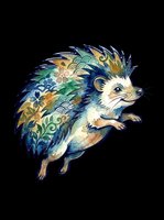 Decorative hedgehog with ornamental quill patterns in blue, gold, and green tones, isolated on transparent background. Ready for t-shirts, stickers, clipart, and print-on-demand designs.