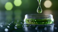 Liquid drop falling into green solution in glass petri dish against blurred background with bokeh lights, macro photography showing surface tension and reflection.