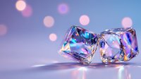 Crystal clear ice cubes with rainbow light refraction effects on purple and blue gradient background with soft bokeh circles, macro photography for luxury design.