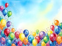 Colorful balloons with confetti floating against soft watercolor sky background, perfect for celebration, party, birthday, and festive event designs.