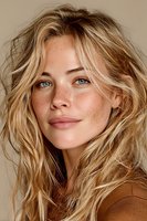 Young blonde Caucasian woman with wavy hair and freckles smiling naturally against neutral beige background for beauty and lifestyle content.