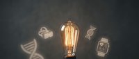 Vintage Edison bulb glowing with DNA strands and laboratory flask symbols representing scientific innovation and genetic research breakthrough concepts.