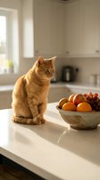 Orange tabby cat sitting on white kitchen counter next to bowl of fresh fruit, modern bright kitchen with cabinets and window in background, pet lifestyle scene.