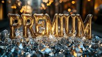 Gold foil balloon letters spelling PREMIUM arranged on sparkling ice crystals with glowing bokeh lights in background, creating luxurious atmosphere.
