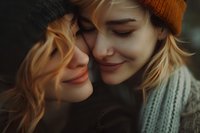 Intimate close-up portrait of two young women in winter attire sharing tender moment, wearing knit beanie and sweater. Soft natural lighting creates dreamy atmospheric mood.