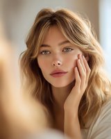 Young blonde woman with natural makeup touching face in soft morning light for skincare and beauty routine advertising campaigns.