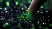Finger touching glowing green circuit board with bokeh light effects in dark background, representing digital technology and artificial intelligence concept.