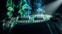 Cloud computing technology concept with glowing digital icons floating above computer circuit board representing data storage and connectivity.