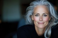 Confident mature Caucasian woman with silver gray hair and bright blue eyes smiling warmly at camera against dark background, representing aging gracefully and natural beauty.