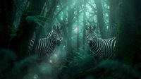 Two zebras standing in mystical emerald forest with sunbeams filtering through dense canopy creating magical atmosphere for wildlife photography.