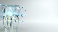 Transparent tooth model with glowing interior and floating blue virus particles on white background, suitable for dental health, oral care, and medical education materials.