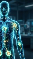 Human immune system visualization with glowing virus cells attacking body, medical education and healthcare technology concept.