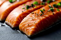 Fresh raw salmon fillets garnished with herbs and black pepper on dark slate background, macro shot showing rich texture and vibrant orange color.