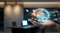 Digital brain hologram floating above open palm in modern office environment showcasing artificial intelligence and neural network technology concepts.