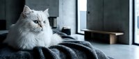 Fluffy white Persian cat with blue eyes resting on gray knitted blanket in modern minimalist living room interior with natural window light.