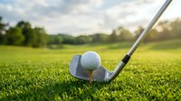 Golf club and ball on tee, lush green fairway with trees and sky in background, sunny day on the course.