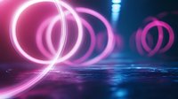 Glowing pink neon spiral light trails reflect on wet surface against dark blue background creating futuristic nightclub atmosphere. Modern abstract art composition.