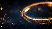 Magical glowing golden light trail with sparkling particles swirling in spiral motion against dark blue background, creating mystical atmosphere.