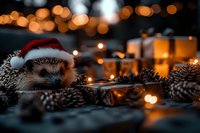 Adorable hedgehog wearing Santa hat among pine cones and warm bokeh lights creating festive Christmas holiday atmosphere for seasonal greeting cards.