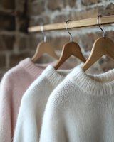 Cozy knit sweaters in soft pink and white hanging on wooden hangers against rustic brick wall background, showcasing minimalist winter fashion and wardrobe organization.