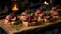Gourmet beef tenderloin crostini with cranberry sauce and fresh herbs on rustic wooden board, candlelit appetizer presentation for holiday entertaining.