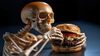 Humorous skeleton reaching for juicy cheeseburger on dark background, creative food photography concept highlighting unhealthy eating habits and fast food temptation.