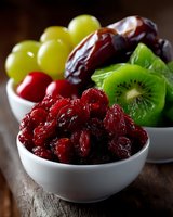Fresh dried fruits and berries in white ceramic bowls on rustic wooden surface. Vibrant cranberries, dates, grapes and kiwi slices arranged in appetizing composition.