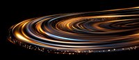 Glowing spiral light trails with golden and silver streaks swirling in circular motion against dark background create dynamic abstract pattern with sparkling particles.