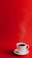 White coffee cup with rising steam on vibrant red background, minimalist composition creating dramatic contrast for food and beverage marketing.