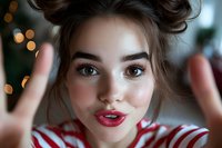 Young woman with bright red lipstick and messy bun hairstyle making playful gesture toward camera, wearing red and white striped top against bokeh background.